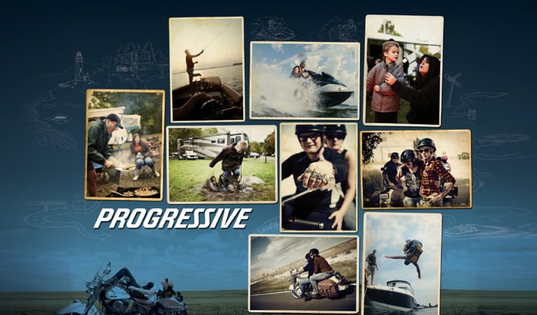 Progressive insurance lifestyle collage featuring families and recreational vehicles